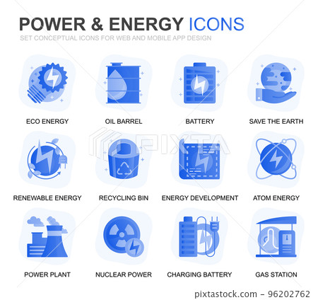 Modern Set Power Industry and Energy Gradient Flat Icons for Website and Mobile Apps. Contains such Icons as Solar Panel, Eco Energy, Power Plant. Conceptual color flat icon. Vector pictogram pack. 96202762