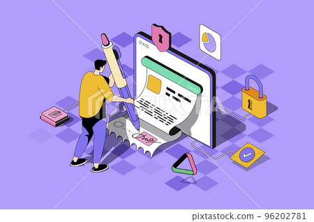 Electronic contract web concept in 3d isometric design. Man signing legal document in online form with digital signature on smartphone or laptop. Vector web illustration with people isometry scene Electronic contract web concept in 3d isometric design. Man signing legal document in online form with digital signature on smartphone or laptop. Vector web illustration with people isometry scene 96202781