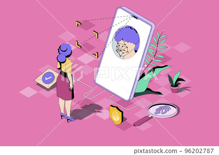 Biometric control web concept in 3d isometric design. Woman uses secure access with face recognition and fingerprint scan authentication methods. Vector web illustration with people isometry scene Biometric control web concept in 3d isometric design. Woman uses secure access with face recognition and fingerprint scan authentication methods. Vector web illustration with people isometry scene 96202787