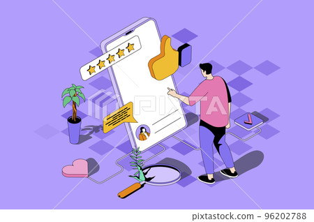 Best feedback web concept in 3d isometric design. Man evaluates quality of service and leaves comment with customer experience using mobile app. Vector web illustration with people isometry scene Best feedback web concept in 3d isometric design. Man evaluates quality of service and leaves comment with customer experience using mobile app. Vector web illustration with people isometry scene 96202788