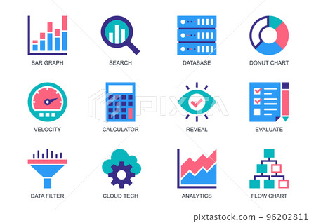 Data Analytics concept of web icons set in simple flat design. Pack of bar graph, search, database, donut chart, velocity, calculator, reveal, evaluate, cloud tech. Vector pictograms for mobile app 96202811