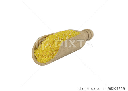 corn grits in wooden scoop isolated on white background. nutrition. food ingredient. corn grits in wooden scoop isolated on white background. nutrition. food ingredient. 96203229