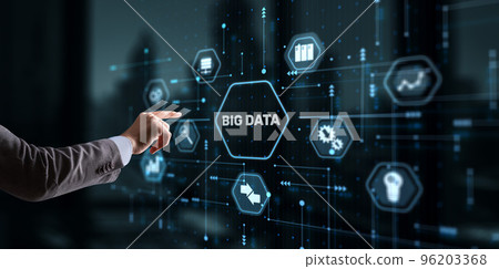 Businessman clicks Big data world and globe icon modern interface 96203368