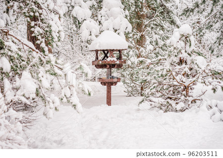 Winter, forest, park covered with fluffy snow, cold clear day. Large wooden bird feeder Winter, forest, park covered with fluffy snow, cold clear day. Large wooden bird feeder 96203511