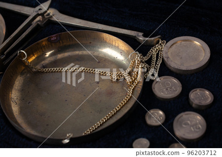 Bronze traditional balance scale set with weights in box. Bronze traditional balance scale set with weights in box. 96203712
