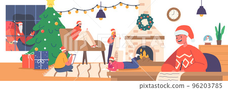 Children Write Letter to Santa Claus. Little Boys and Girls Characters Wear Red Hats Writing Wish List in Large Room 96203785