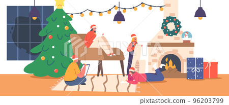 Children Write Letter to Santa Claus at Christmas Eve. Little Kids Characters Wear Red Hats Writing Wish List in Room 96203799