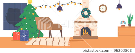 Christmas Room with Decorated Tree, Armchair, Gifts, Garland and Clock on Wall. Interior for Xmas Celebration 96203808