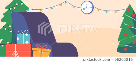 Room with Christmas Tree, Armchair, Gifts, Garland and Clock on Wall. Interior for Xmas Celebration, Santa Claus Place Room with Christmas Tree, Armchair, Gifts, Garland and Clock on Wall. Interior for Xmas Celebration, Santa Claus Place 96203816