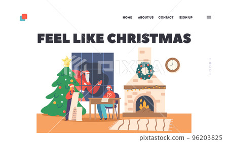 Christmas Night Landing Page Template. Children Write Letter to Santa Claus. Little Characters Wear Red Hat 96203825