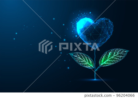 Concept of love growth with heart shaped flower and green leaves plant in futuristic glowing style Concept of love growth with heart shaped flower and green leaves plant in futuristic glowing style 96204066