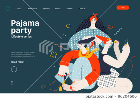 Lifestyle web template -Pajama party -modern flat vector illustration, female friends wearing pajamas amusing themselves together wearing makeup doing hair, painting toenails People activities concept Lifestyle web template -Pajama party -modern flat vector illustration, female friends wearing pajamas amusing themselves together wearing makeup doing hair, painting toenails People activities concept 96204600