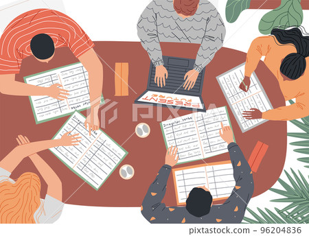 Group of students at the table are studying. Top view. 96204836