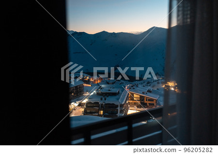beautiful view from hotel room window at winter mountain at gudauri ski resort beautiful view from hotel room window at winter mountain at gudauri ski resort 96205282