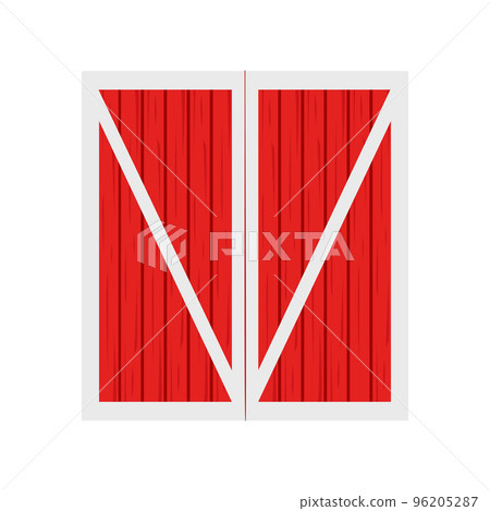 Red wooden barn door. Front view. Element of farm warehouse building isolated on white background. Vector cartoon illustration Red wooden barn door. Front view. Element of farm warehouse building isolated on white background. Vector cartoon illustration 96205287