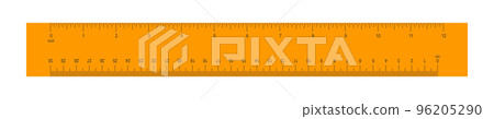 Wooden or plastic orange ruler with 12 inch and 30 centimeter scale. Distance, height or length measurement math tool. Horizontal measuring chart with markup and numbers 96205290