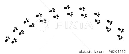 Bunny wet or mud pawprints. Rabbit paw silhouettes stamps. Trace of steps of running or walking hare isolated on white background. Vector graphic illustration 96205312