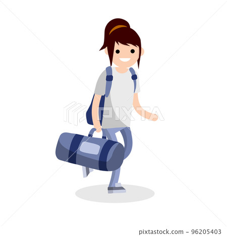 Girl runs with a big blue sports bag. Girl runs with a big blue sports bag. 96205403