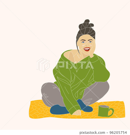 A beautiful young girl sits and smiles. Vector illustration in a flat style. 96205754