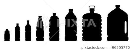 Plastic bottle for clean mineral water icon set. different shapes flask black solid symbol. Recycling container blank silhouette sign for liquid product isolated on white. Tare for beverage Plastic bottle for clean mineral water icon set. different shapes flask black solid symbol. Recycling container blank silhouette sign for liquid product isolated on white. Tare for beverage 96205770