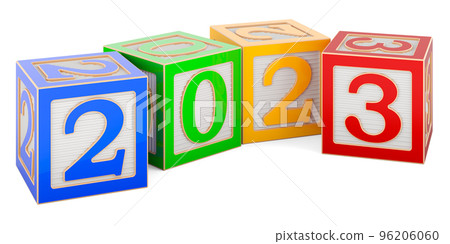 Happy New Year 2023 with alphabet wooden blocks concept, 3D rendering Happy New Year 2023 with alphabet wooden blocks concept, 3D rendering 96206060