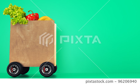 Delivery of the grocery with a shopping bag on wheels with green background Delivery of the grocery with a shopping bag on wheels with green background 96206940
