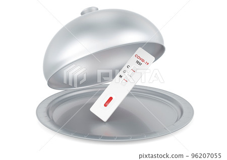 Restaurant cloche with test COVID-19 coronavirus, rapid test cassette , 3D rendering Restaurant cloche with test COVID-19 coronavirus, rapid test cassette , 3D rendering 96207055
