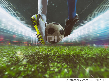 Game contrast between two soccer players trying to kick the ball 96207113