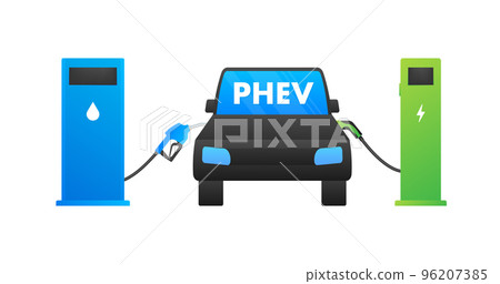 PHEV icon. Plug-in hybrid electric vehicle. Electric energy and fuel engine. Vector stock illustration 96207385