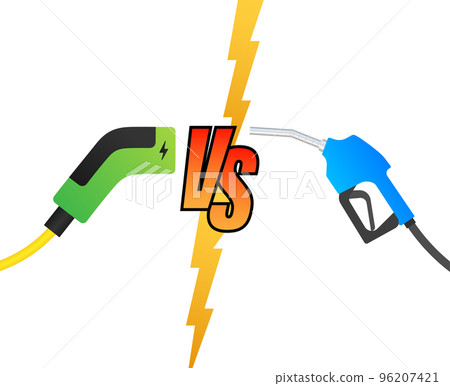 Electric car and fuel fight. Gas fuel vs ev plug charg. Vector stock illustration. Electric car and fuel fight. Gas fuel vs ev plug charg. Vector stock illustration. 96207421