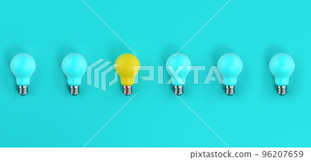 One light bulb on among many off. cyan background. Concept of creativity and idea 96207659