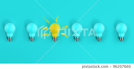 One light bulb on among many off. cyan background. Concept of creativity and idea 96207660
