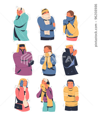 People freezing and shivering wearing warm clothes set. Men and women trying to warm during winter or autumn season cartoon vector illustration People freezing and shivering wearing warm clothes set. Men and women trying to warm during winter or autumn season cartoon vector illustration 96208986