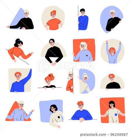 Young People Characters Looking Out of Geometric Shape Window Big Vector Set 96208987