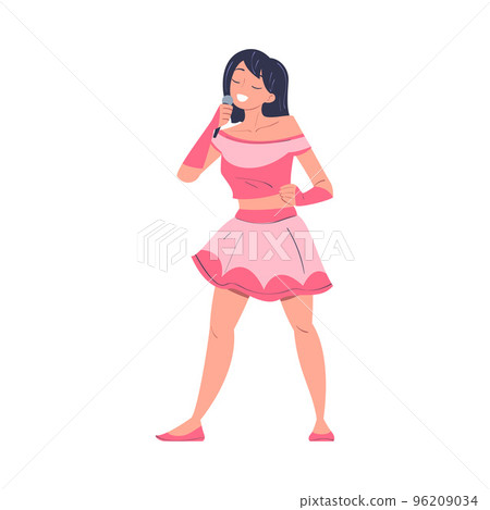 Girl singer performing with microphone. Female person in pink dress singing song cartoon vector illustration Girl singer performing with microphone. Female person in pink dress singing song cartoon vector illustration 96209034