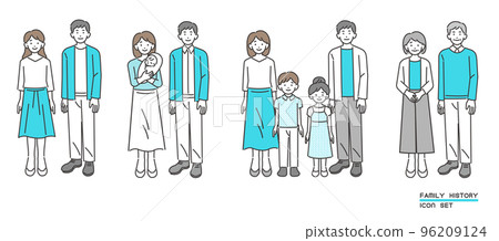 從婚姻到老年人/兒童/育兒的家庭成長相關的矢量插圖 96209124