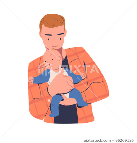 Dad holding his baby with tenderness. Cheerful father hugging newborn baby expressing love and care cartoon vector illustration 96209156