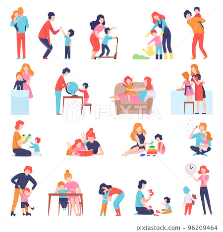 Man and Woman Parent Bringing up Kid Playing with Them and Teaching Big Vector Set 96209464