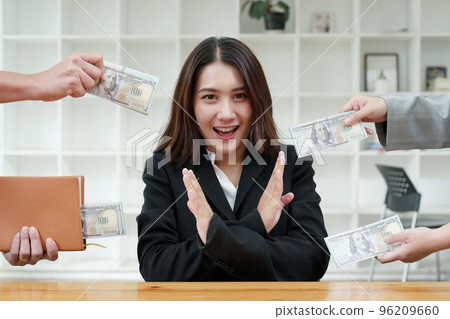 The concept of corruption, law, government employees showing a gesture of refusing to accept fraudulent payments in all channels. 96209660