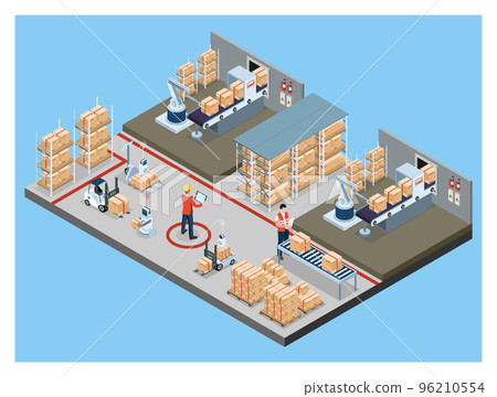3D isometric automated warehouse robots and Smart warehouse technology Concept with Warehouse Automation System and Robot Transportation operation service. Vector illustration EPS 10 96210554