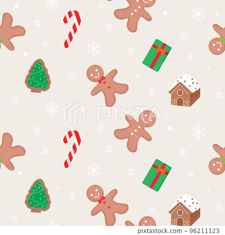 Cozy seamless pattern with gingerbread man and house with snowflakes Cozy seamless pattern with gingerbread man and house with snowflakes 96211123