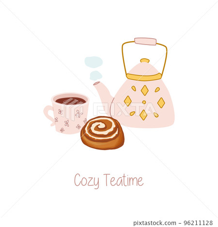 Hand drawn illustration of cozy teatime, pink kettle with a cup of tea and cinnamon roll Hand drawn illustration of cozy teatime, pink kettle with a cup of tea and cinnamon roll 96211128