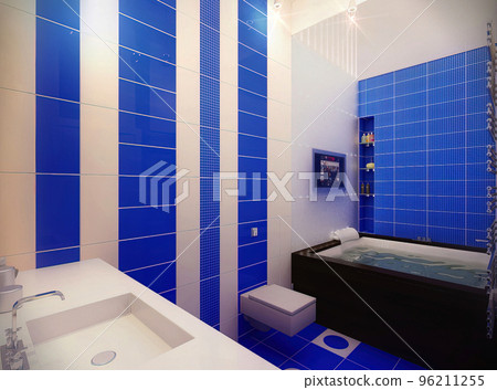 3D illustration for a bathroom in a blue color scheme. Bathroom interior design 96211255