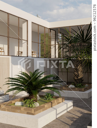 Modern loft contemporary building's garden exterior design with palm tree, cement bench Modern loft contemporary building's garden exterior design with palm tree, cement bench 96212576