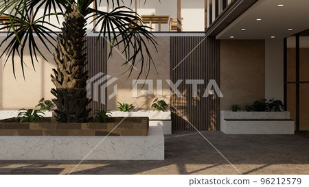 Modern contemporary building's garden exterior design with palm tree, tropical plants Modern contemporary building's garden exterior design with palm tree, tropical plants 96212579