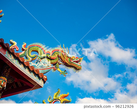 Asia culture concept - Roof with beautiful decoration of famous heritage landmark, the traditional old oriental Taiwanese temple. Asia culture concept - Roof with beautiful decoration of famous heritage landmark, the traditional old oriental Taiwanese temple. 96212926