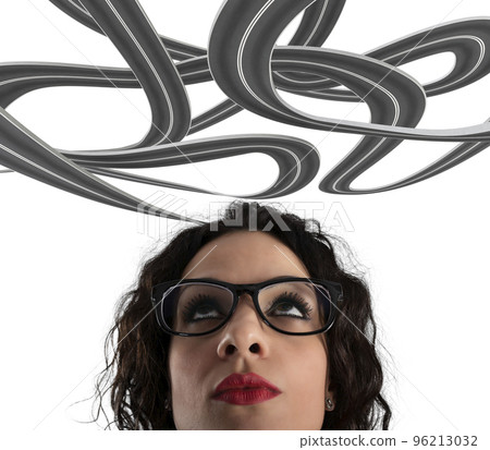Confusion of way for a businesswoman. Concept of difficult career. Isolated on white background 96213032