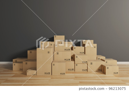 Stack of closed cardboard boxes wrapped with adhesive on the floor. Concept of moving and shipping 96213075