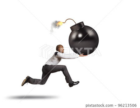 Business man in danger runs with a big bomb in his hand 96213506