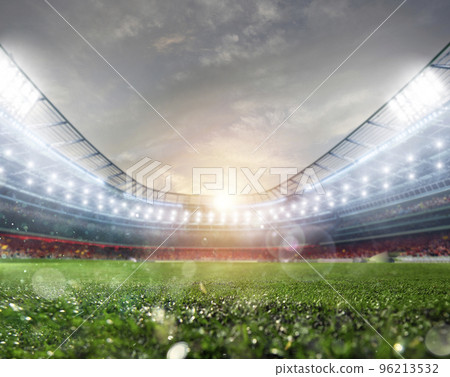 Midfield of grass soccer stadium field with headlights Midfield of grass soccer stadium field with headlights 96213532